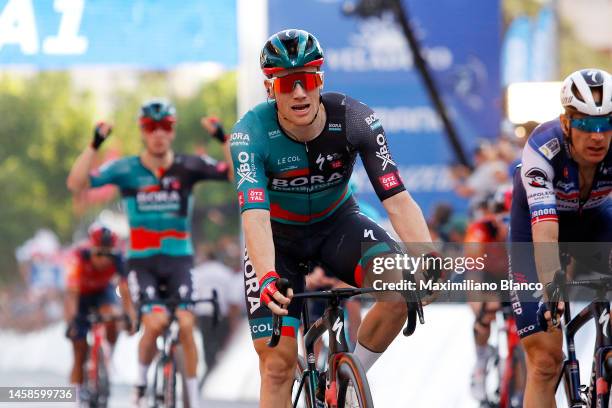 Sam Bennett of Ireland and Team Bora - Hansgrohe celebrates at finish line as stage winner during the 39th Vuelta a San Juan International 2023,...