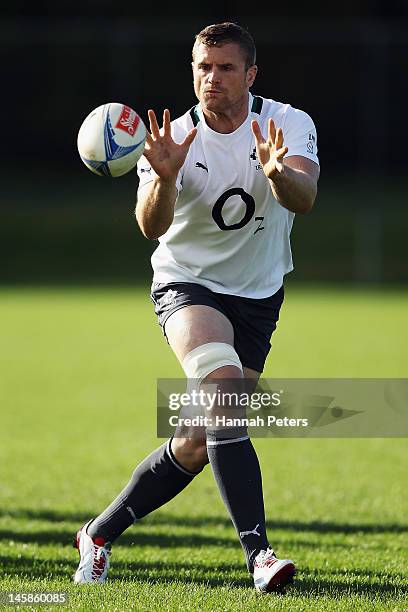 Jamie Heaslip runs through drills during an Ireland rugby team training session at Onewa Domain on June 7, 2012 in Takapuna, New Zealand.