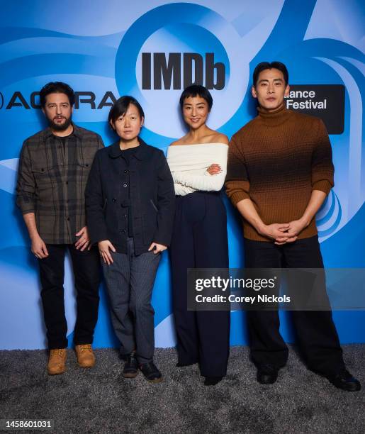 John Magaro, Celine Song, Greta Lee and Teo Yoo of 'Past Lives' attend The IMDb Studio at Acura Festival Village Cast Photo Calls on Location at...