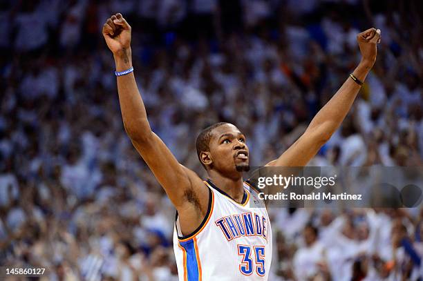 Kevin Durant of the Oklahoma City Thunder reacts towards the end of the game against the San Antonio Spurs in Game Six of the Western Conference...