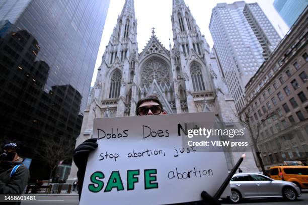 Abortion-rights activists protest in front of Saint Patrick's Cathedral marking the 50th anniversary of the US Supreme Court Roe v. Wade decision on...