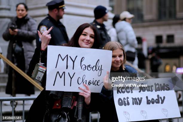 Abortion-rights activists protest in front of Saint Patrick's Cathedral marking the 50th anniversary of the US Supreme Court Roe v. Wade decision on...