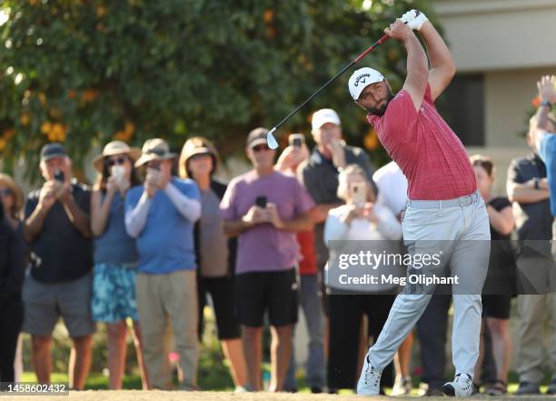 Jon Rahm of Spain plays his shot from the 12th tee during the final round of The American Express at PGA West Pete Dye Stadium Course on January 22,...
