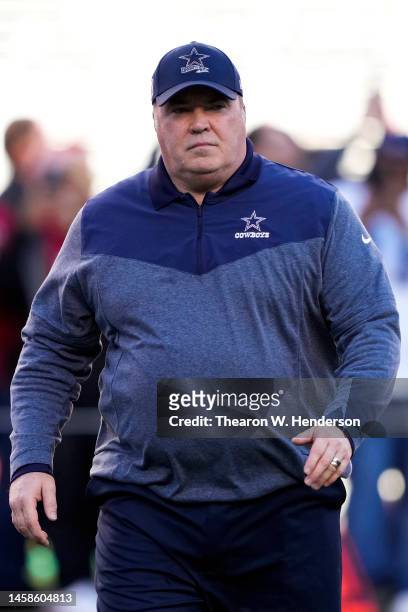 Head coach Mike McCarthy of the Dallas Cowboys looks on prior to a game against the San Francisco 49ers in the NFC Divisional Playoff game at Levi's...
