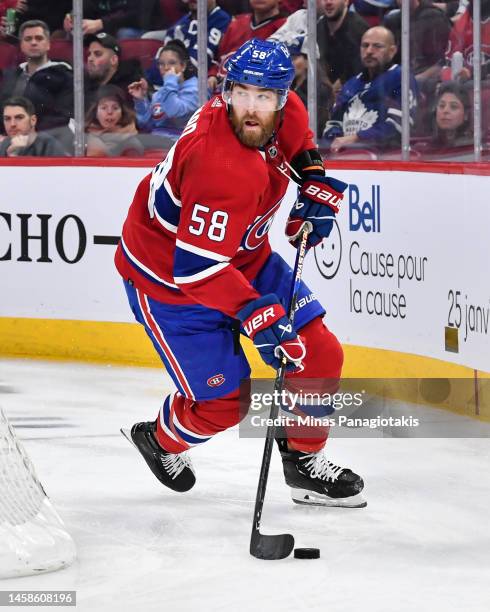 David Savard of the Montreal Canadiens skates the puck during the third period against the Toronto Maple Leafs at Centre Bell on January 21, 2023 in...