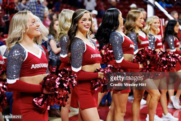 Pom Squad member of the Arkansas Razorbacks perform during a game against the Mississippi Rebels at Bud Walton Arena on January 21, 2023 in...