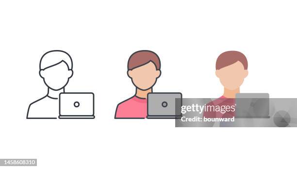 laptop user icon set. editable stroke. - multiple computer screens desk stock illustrations