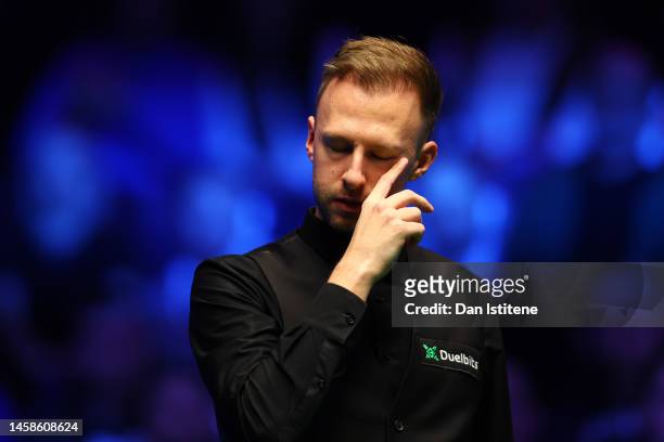 Judd Trump of England reacts during the 2023 World Grand Prix final match against Mark Allen of Northern Ireland at Centaur Arena on January 22, 2023...