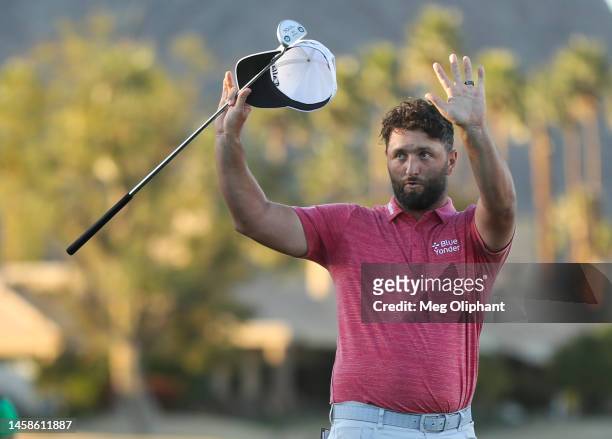 Jon Rahm of Spain celebrates winning on the 18th green during the final round of The American Express at PGA West Pete Dye Stadium Course on January...