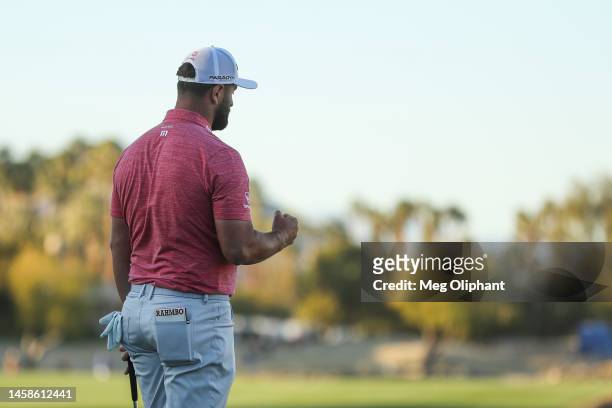 Jon Rahm of Spain celebrates his win on the 18th green during the final round of The American Express at PGA West Pete Dye Stadium Course on January...