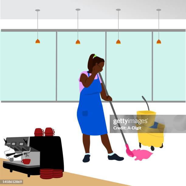 store employee cleaning blue apron - blue apron store stock illustrations