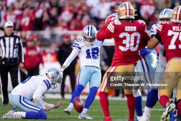 Brett Maher of the Dallas Cowboys attempts an extra point against the San Francisco 49ers during the second quarter in the NFC Divisional Playoff...