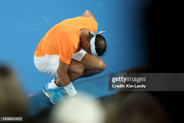 Rafael Nadal of Spain reacts in the round two singles match against Mackenzie McDonald of the United States during day three of the 2023 Australian...