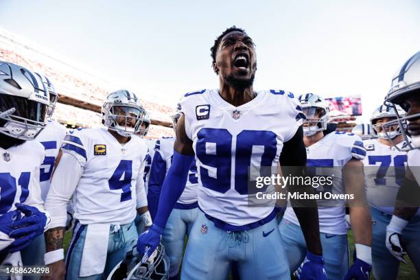 DeMarcus Lawrence of the Dallas Cowboys reacts as he leads a huddle prior to an NFL divisional round playoff football game between the San Francisco...