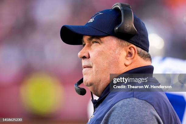 Head coach Mike McCarthy of the Dallas Cowboys looks on against the San Francisco 49ers during the first half in the NFC Divisional Playoff game at...