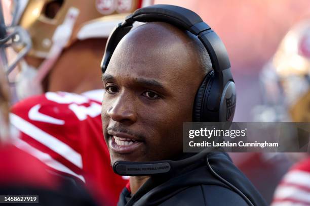 Defensive Coordinator DeMeco Ryans of the San Francisco 49ers looks on during the first half against the Dallas Cowboys in the NFC Divisional Playoff...