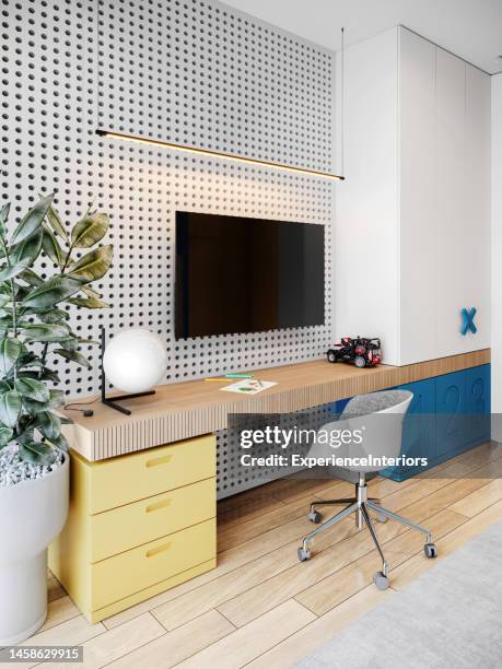 multifunctional teenage room interior - yellow carpet stock pictures, royalty-free photos & images