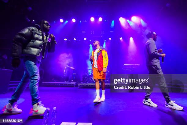 Haile, Louis Rei and Akelle Charles of WSTRN perform at KOKO on January 22, 2023 in London, England.