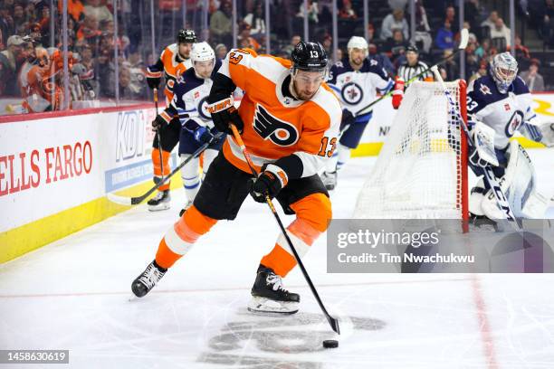 Kevin Hayes of the Philadelphia Flyers skates with the puck during the second period against the Winnipeg Jets at Wells Fargo Center on January 22,...