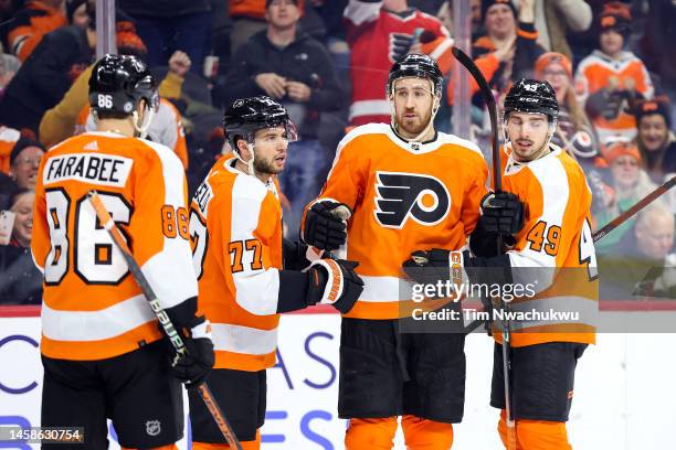 Kevin Hayes of the Philadelphia Flyers celebrates with teammates after scoring during the second period against the Winnipeg Jets at Wells Fargo...