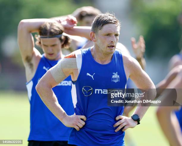 Jack Ziebell of the Kanagroos in action during a North Melbourne Kangaroos AFL training session at Arden Street Ground on January 23, 2023 in...