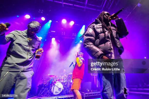 Akelle Charles, Louis Rei and Haile of WSTRN perform at KOKO on January 22, 2023 in London, England.