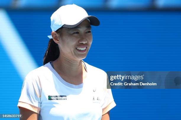 Shuai Zhang of China looks on in the fourth round singles match against Karolina Pliskova of Czech Republic during day eight of the 2023 Australian...