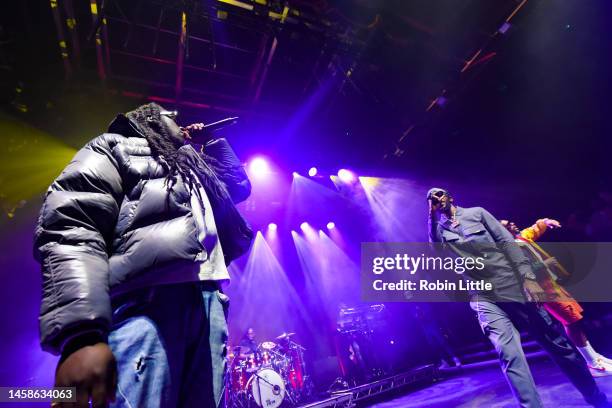 Haile, Akelle Charles and Louis Rei of WSTRN perform at KOKO on January 22, 2023 in London, England.