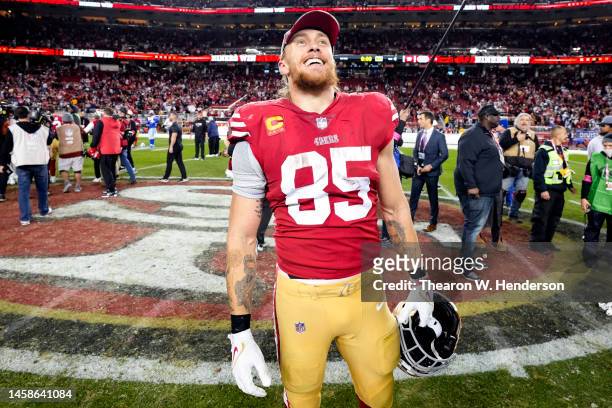 George Kittle of the San Francisco 49ers celebrates after defeating the Dallas Cowboys 19-12 in the NFC Divisional Playoff game at Levi's Stadium on...