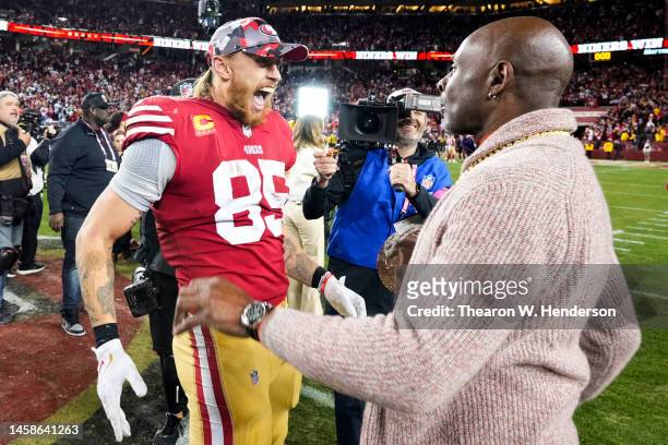 George Kittle of the San Francisco 49ers celebrates with NFL Hall of Famer Jerry Rice after defeating the Dallas Cowboys 19-12 the NFC Divisional...