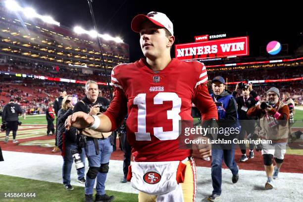 Brock Purdy of the San Francisco 49ers runs off the field after defeating the Dallas Cowboys 19-12 in the NFC Divisional Playoff game at Levi's...