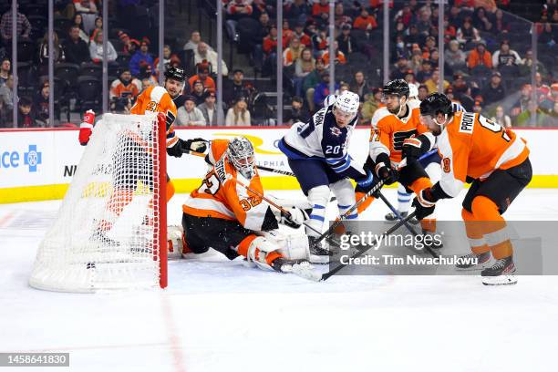 Karson Kuhlman of the Winnipeg Jets scores during the third period against the Philadelphia Flyers at Wells Fargo Center on January 22, 2023 in...