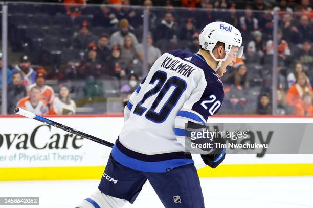 Karson Kuhlman of the Winnipeg Jets celebrates after scoring during the third period against the Philadelphia Flyers at Wells Fargo Center on January...