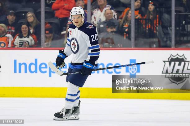 Karson Kuhlman of the Winnipeg Jets looks on after scoring during the third period against the Philadelphia Flyers at Wells Fargo Center on January...