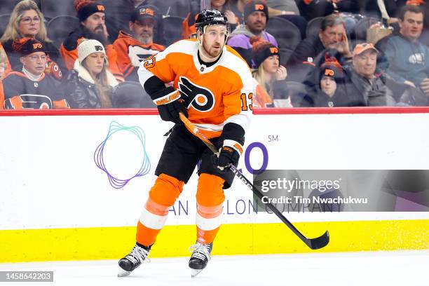 Kevin Hayes of the Philadelphia Flyers looks on during the third period against the Winnipeg Jets at Wells Fargo Center on January 22, 2023 in...