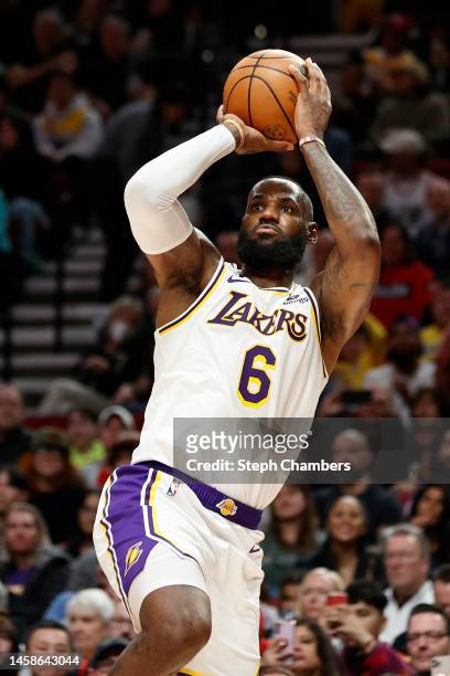 LeBron James of the Los Angeles Lakers shoots against the Portland Trail Blazers during the first half at Moda Center on January 22, 2023 in...