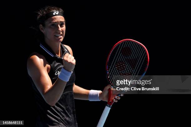 Caroline Garcia of France celebrates in the fourth round singles match against Magda Linette of Poland during day eight of the 2023 Australian Open...