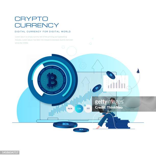 kryptowährungskonzept. junge frau, die auf stapeln bitcoin mit laptop und handelsdiagramm sitzt. - ico stock-grafiken, -clipart, -cartoons und -symbole