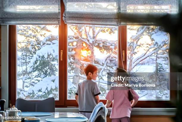 brother and sister are standing at the window behind which a beautiful winter landscape is visible. - home golden hour stock pictures, royalty-free photos & images