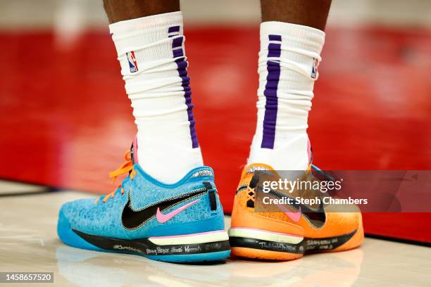 The shoes of LeBron James of the Los Angeles Lakers are seen during the third quarter against the Portland Trail Blazers at Moda Center on January...