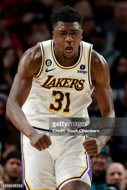 Thomas Bryant of the Los Angeles Lakers reacts during the fourth quarter against the Portland Trail Blazers at Moda Center on January 22, 2023 in...