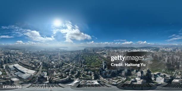 shenzhen aerial cityscape. equirectangular panorama - vr 360 stock pictures, royalty-free photos & images