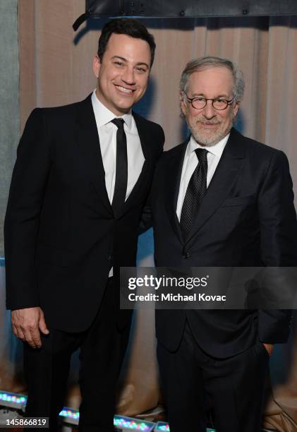 Host Jimmy Kimmel and Shoah Foundation founder Steven Spielberg at the USC Shoah Foundation Institute Ambassadors for Humanity Gala held at the Grand...