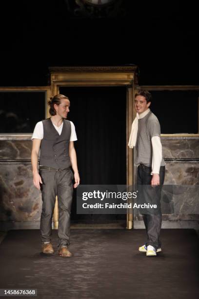 Fashion designers David Neville and Marcus Wainwright on the runway after their Rag & Bone fall 2008 show at Cipriani in New York City.