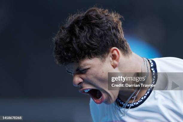 Ben Shelton of the United States reacts in the fourth round singles match against J.J. Wolf of the United States during day eight of the 2023...