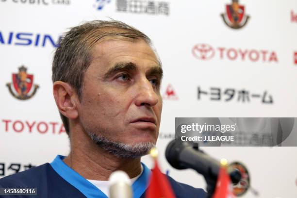 Coach Bosko Gjurovski of Nagoya Grampus attends a press conference after the J.League J1 match between Nagoya Grampus and Vissel Kobe at Mizuho...