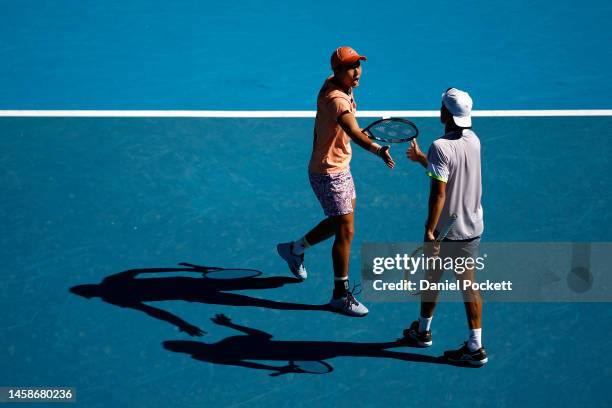 Rinky Hijikata of Australia and Jason Kubler of Australia celebrate after winning their round three men's doubles match against Tomislav Brkic of...