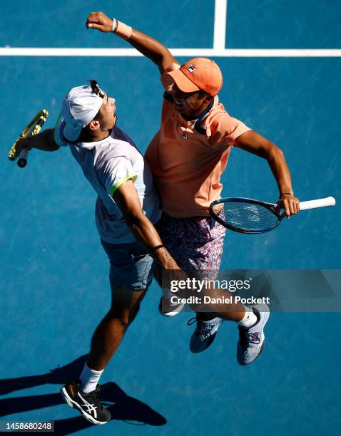 Rinky Hijikata of Australia and Jason Kubler of Australia celebrate after winning their round three men's doubles match against Tomislav Brkic of...