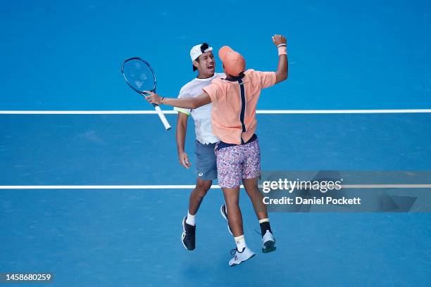 Rinky Hijikata of Australia and Jason Kubler of Australia celebrate after winning their round three men's doubles match against Tomislav Brkic of...