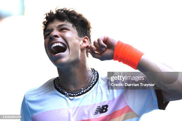 Ben Shelton of the United States celebrates in the fourth round singles match against J.J. Wolf of the United States during day eight of the 2023...